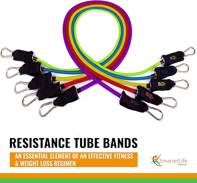 SmarterLife Resistance Bands with Handles, Physical Therapy Strap, Exercise Band to Tone Arms, Legs, Chest, Booty - 5 Exercise Bands with Handles, Ankle Straps, No-Slip Door Anchor, Storage Bag
