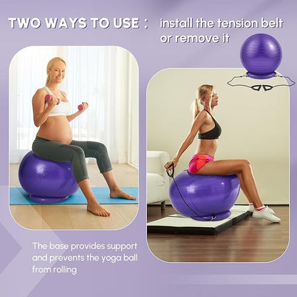 Yoga Ball Chair with Inflatable Stability Base Resistance Bands 65 cm Stability Ball Large Exercise Ball for Home Workout Office Desk Sitting Gym Fitness Back Pain Balance, Include Air Pump