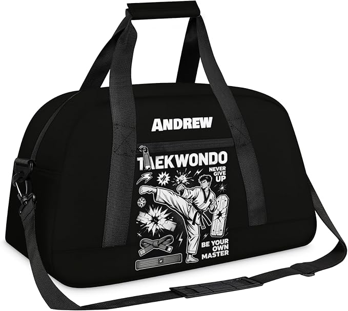 Custom Name Taekwondo Karate Duffle Bag for kids Boy Girls - Personalized Martial Arts Gear Bag, Water-Resistant Sparring Equipment Bag, Taekwondo Black