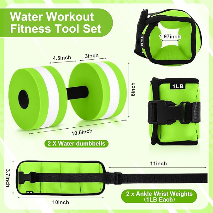 Water Aerobics Set, 4 Piece Pool Exercise Kit (2 Aqua Dumbbells + 2 Ankle/wrist Weights), EVA Foam, Low-impact Workout