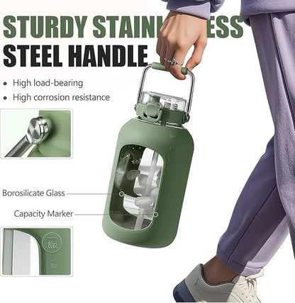 Large Glass Water Bottles with Stainless Steel Handle,100 oz Gallon Drinking Bottle with 2-in-1 Straw Lid,3 Liter Glass Water Jug with Silicone Sleeve,Wide Mouth,Olive