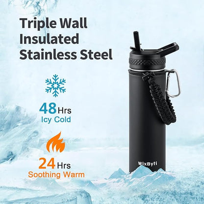 20 oz Insulated Water Bottle with Straw (Cold for 24 Hrs), Stainless Steel Triple Wall Vacuum Sports Water Jug, Leakproof Hydro Cup Flask with Paracord Handle & Straw Spout Lids & DIY Stickers
