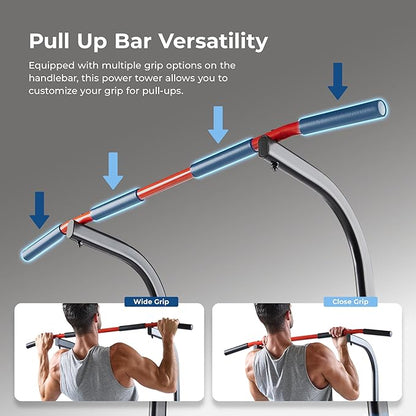 Sunny Health & Fitness Power Tower, Dip Bar, Push-Up & Pull Up Assisting Parallette Station w Optional Rock Climbing Grip Trainer