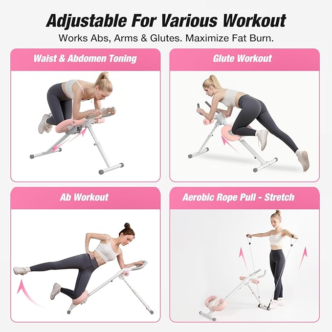 WARMOUNTS Ab Machine, Ab Workout Equipment, Adjustable Core & Ab Trainer Machine with Resistance Bands for Home Gym, Foldable, Knee Protection, Abdominal Exercise Equipment for Stomach Workout (Pink)