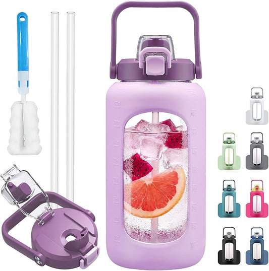 72oz Glass Water Bolttles, 3-in-1 Straw and Sip Spout Handle Lid, Half Gallon Water Bottle with Time Marker and Silicone Sleeve, BPA-Free Sports Water Bottle for Gym, School, Lilac