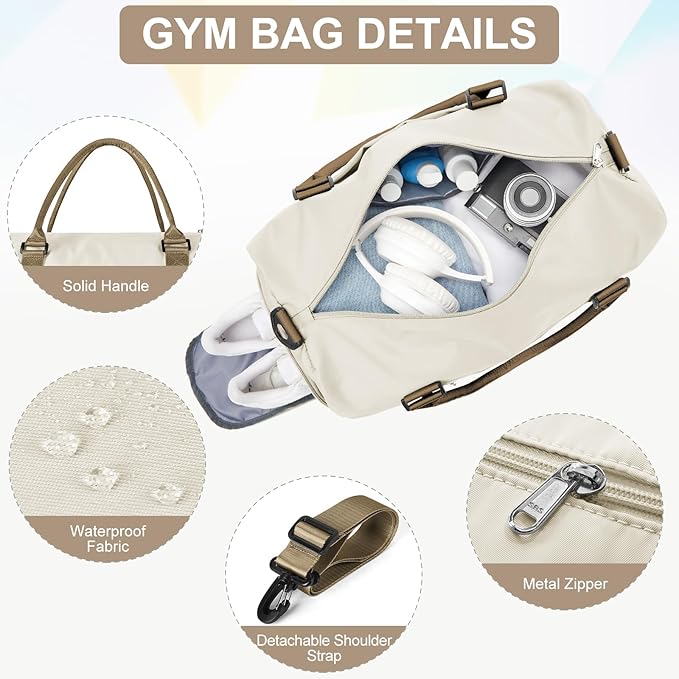 Gym Bag for Women with Shoes Compartment,Small Duffel Bag Sport bag with Toiletry Bag Overnight Travel Tote Bags Weekender Carry on Bags Personal Item Bag for Airlines Beige Brown