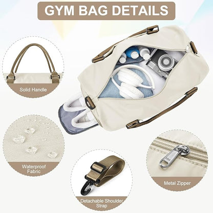 Gym Bag for Women with Shoes Compartment,Small Duffel Bag Sport bag with Toiletry Bag Overnight Travel Tote Bags Weekender Carry on Bags Personal Item Bag for Airlines Beige Brown