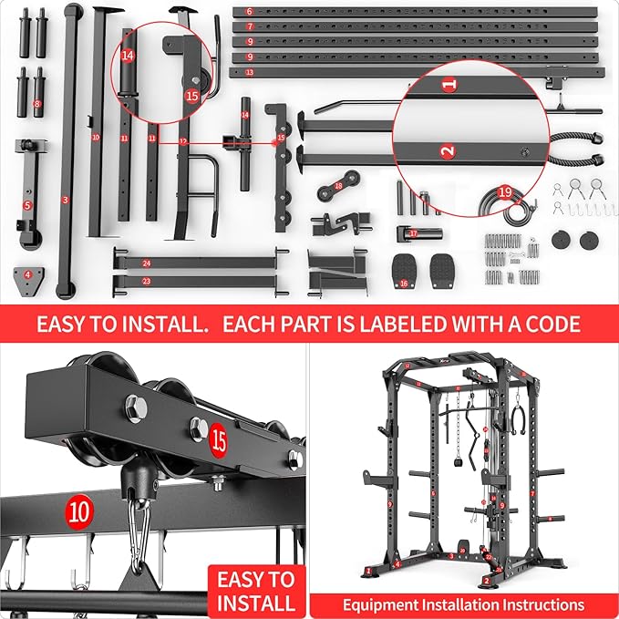 Power Rack Power Cage Multi-Function Squat Rack with Cable Crossover System Selectable More Training Attachment Power Rack for Garage & Home Gym