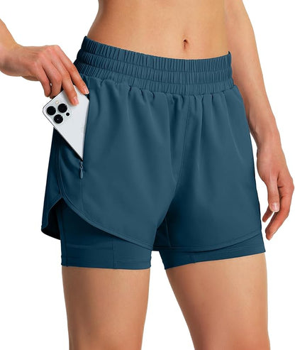 Ksmien Women's 2 in 1 Running Shorts Quick Dry Athletic Gym Workout Shorts with Liner Phone Pockets