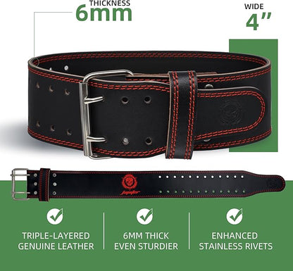 Weight lifting Belt (6mm Thick) - Genuine leather, offering back support. Double-pronged buckle, ideal for weightlifting, powerlifting, squats and deadlifts