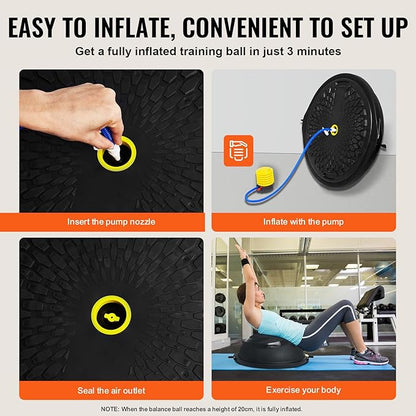 VEVOR Half Exercise Ball Trainer, 23/26 inch Balance Ball Trainer, 1500lbs Capacity Stability Ball, Yoga Ball with Resistance Bands & Foot Pump, Strength Fitness Ball for Home Gym Full Body Workout