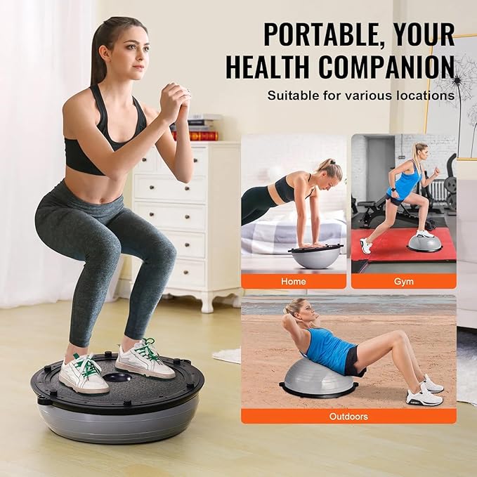 Half Exercise Ball Trainer 23 inch Balance Ball Trainer 1500lbs Capacity Stability Ball with Resistance Bands & Foot Pump, Strength Fitness Ball for Home Gym Full Body Workout