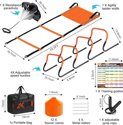 Agility Speed Training Equipment Set, Football Practise Set with 20ft Agility Ladder, 12 Cones, 4 Adjustable Hurdles, Jump Rope, for Basketball, Soccer Training, Football, Kids, Youth, Adults