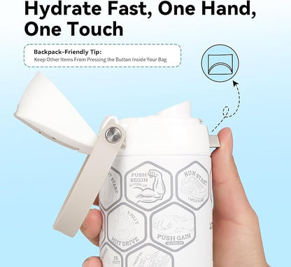 24 oz Motivational Insulated Stainless Steel Water Bottle for Sports, Gym & Travel, 2-in-1 Push-Button Spout & Quick-Flip Straw, Leak-Proof BPA-Free, Keeps Cold 30H, with DIY Fitness Stickers