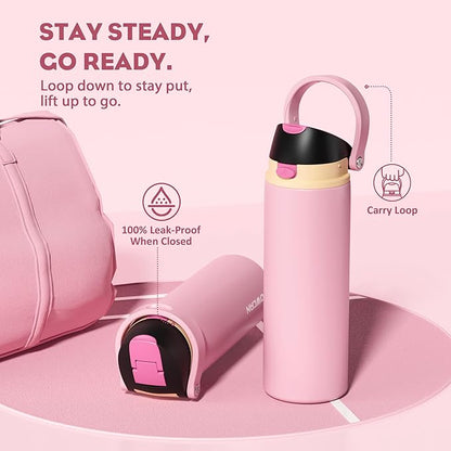 POWCAN 24 oz Insulated Water Bottle for Women: 2-in-1 Push-Button Spout & Quick-Flip Straw, Leakproof, Cold 24Hrs, Fits Car Cup Holder, Stainless Steel Cup for Sports, Camping, Gift (Polka Whimsy)