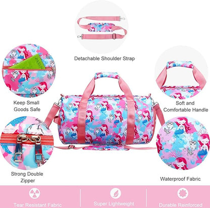 Gym Travel Duffle Bag for Girls - Gymnastics Sports Dance Bag with Shoe Compartment & Wet Pocket Mermaid Kids Travel Bag Teens Weekender Sleepover Carry On Bag