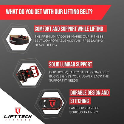 Lift Tech Fitness 4'' Padded Weight Lifting Belt - Leather Workout Belt for Men & Women - Gym Belt for Powerlifting, Deadlift, Strength training - 4'' Padded Belt for Weightlifting - Black