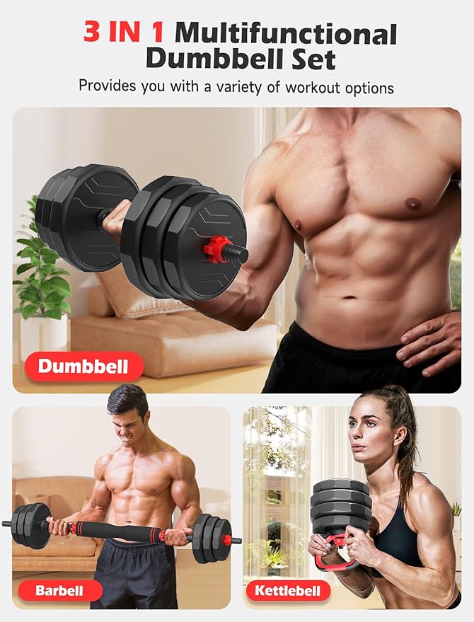 Adjustable dumbbell set,20/35/45/55/70/90lbs Free Weights set with upgraded nut, 5 in 1 Weight Set Used as Kettlebells, Barbell, Push up Stand, Fitness Exercise for Home Gym Suitable Men/Women