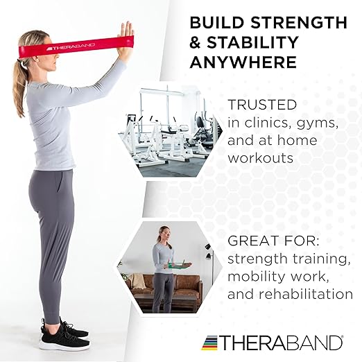 THERABAND Resistance Band Loops, 8" Red, Medium Resistance, Latex Color-Coded 3" Wide Exercise Band Loop for Home Workouts, Pilates, Strength Training, Physical Therapy, for Women and Men