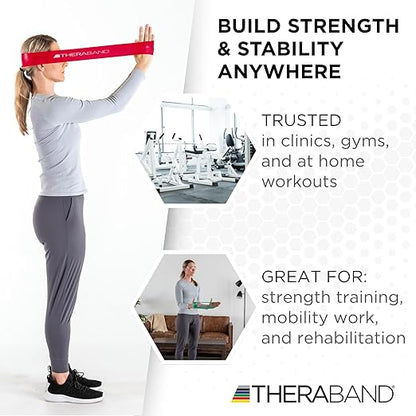 THERABAND Resistance Band Loops, 8" Red, Medium Resistance, Latex Color-Coded 3" Wide Exercise Band Loop for Home Workouts, Pilates, Strength Training, Physical Therapy, for Women and Men