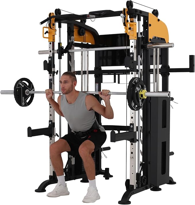 Altas Strength 3061B Smith Machine with Adjustable Lever Arms, 2:1 Pulley Ratio All-in-One Home Gym System, Commercial Grade Squat Rack with Dual 440lbs Weight Stacks & Attachment (Safe Solo Training)