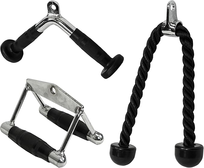 Valor Fitness Cable Machine Attachments - Tricep Rope, V-Bar, Single D-Handle, Rotating Straight Bar, Ankle Strap, Ab Crunch Harness, Triangle Chest Pull for Home Gym Equipment