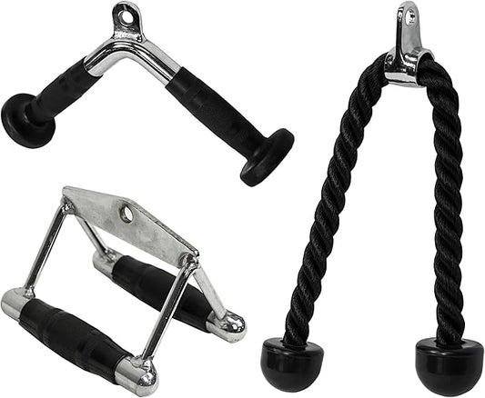 Valor Fitness Cable Machine Attachments - Tricep Rope, V-Bar, Single D-Handle, Rotating Straight Bar, Ankle Strap, Ab Crunch Harness, Triangle Chest Pull for Home Gym Equipment