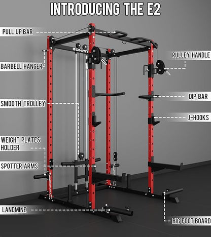 Eonfit E2 Power Cage，1500LB Squat Rack with Cable Crossover System.Multi-Function Power Rack for Home Gum.All-in-One Squat Rack with More Training Attachments