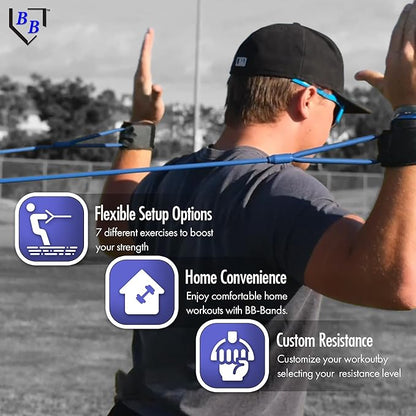 BB Bands Baseball Softball Resistance Training Bands - Arm Strength, Pitching Conditioning Equipment, 3 Strengths (Youth, Adult, Heavy), 7 Colors, Includes Anchor Strap, Door Mount, Bag, Workout Guide