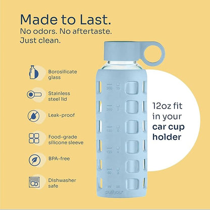purifyou 40oz / 32oz / 22oz / 12oz Borosilicate Glass Water Bottle with Time & Volume Markers, Silicone Sleeve, Stainless Steel Lid | Reusable Glass Bottle for Water & Juice (12oz Ice Blue)
