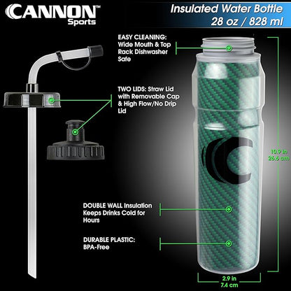 Cannon Sports 28oz Insulated Squeeze Water Bottle with Straw, Leak Proof Lids, 2 lids (Straw and Squeeze), Double Wall Insulation, Wide Mouth, BPA-Free (2 Pack) (Green)