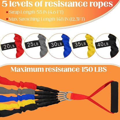 Resistance Bands Set with Protective Nylon Sleeves, 15-Pack Anti-Snap Exercise Bands (Up to 150 lbs), Heavy Duty Workout Bands with Handles, Door Anchor, Ankle Straps for Resistance Training