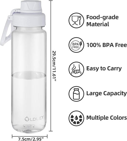 OLDLEY 32 oz Water Bottle, Sports Tritan Water Bottle with Carry Handle and Spout Lid, Leakproof & BPA Free Large Water Bottles for Home,Travel, School, Outdoors, Gym, Transparent