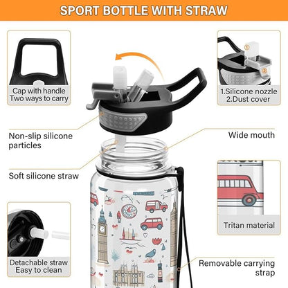 ALAZA Cartoon Big Ben London Cityscape Sports Water Bottle with Straw Tritan Drink Bottle 32 oz BPA Free Reusable for Travel Outdoor Fitness