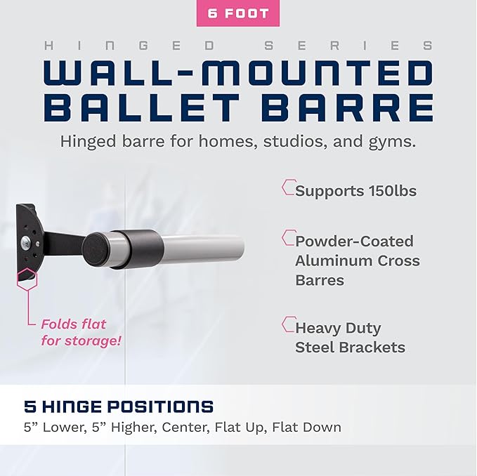 VITA Barre Wall-Mounted Single Ballet Barre, Traditional, Wood and Aluminum | Hinged Height, Made in USA, Home, Studio or Gym Exercise Equipment for Kids & Adults | Dance, Fitness, Pilates