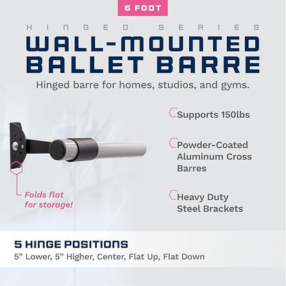 VITA Barre Wall-Mounted Single Ballet Barre, Traditional, Wood and Aluminum | Hinged Height, Made in USA, Home, Studio or Gym Exercise Equipment for Kids & Adults | Dance, Fitness, Pilates