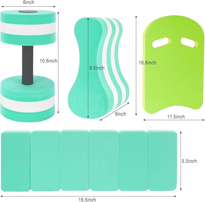 NEAGLORY 5 Pieces Water Aerobics Set, Aquatic Exercise Set Pool Fitness Equipment with Foam Dumbbell, Swim Kickboard, Pull Buoy, Aquatic Swim Belt for Water Workout
