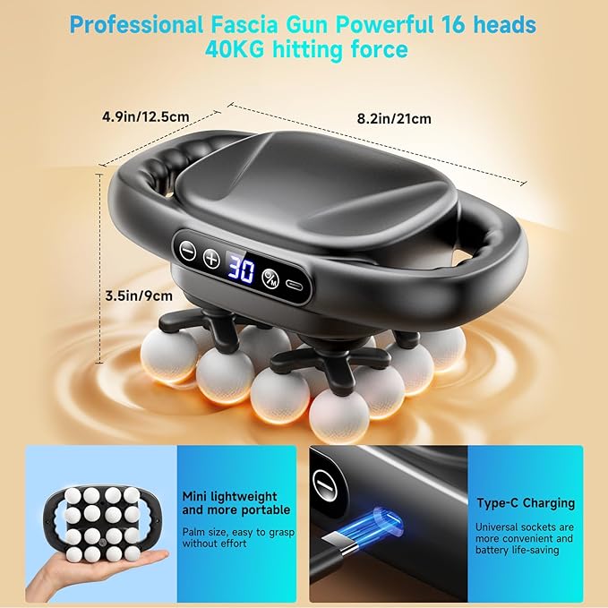 Upgraded Mini 16-Head Massage Gun, Electric Deep Tissue Massage, 3 Modes, 30 Levels Of Speed, Used To Relieve Pain In Neck, Back, And Leg Muscles, Lightweight And Portable, Suitable For Small Figures
