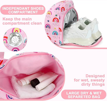Gym Bag Sports Duffle Bag with Wet Pocket Weekender Overnight Bags with Waterproof Shoe Pouch and Air Hole for Girls Kids Women Workout Travel Bags (Rainbow)