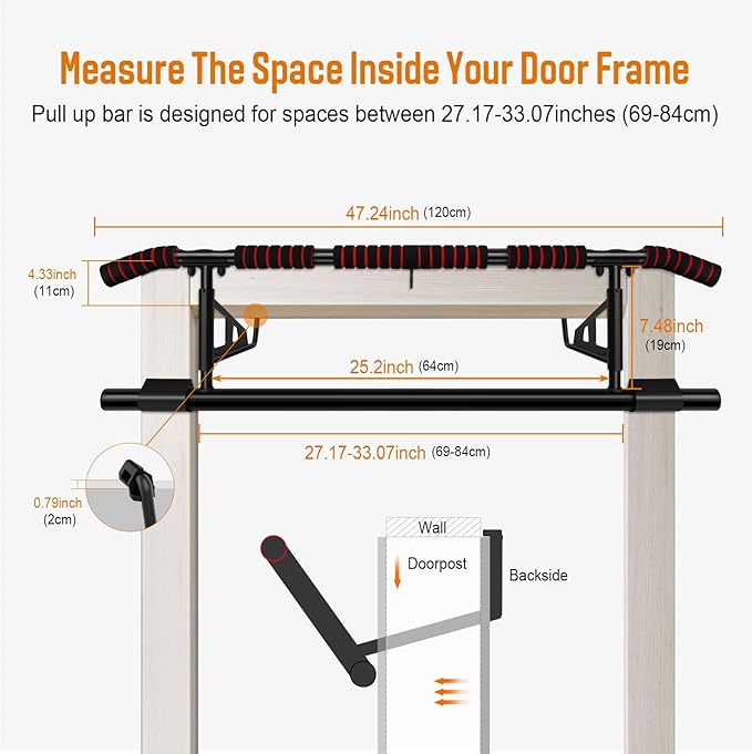 Fitness Pull Up Bar for Doorway, No Screwing or Slipping, Multi Padded Grips, Strength Training, 250 Lbs Capacity