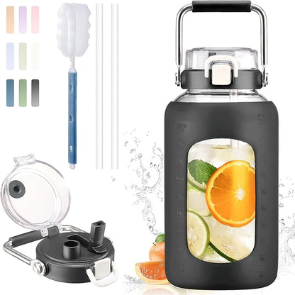 BLUEGO 84oz Water Bottle Glass with Stainless Steel Handle Large 2.5l Water Bottle with Time Markers and Silicone Sleeve Half Gallon Water Jug BPA Free for Gym Daily Use, Black