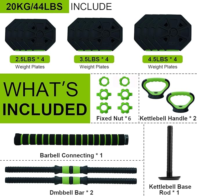 Adjustable Dumbbell Set, 30/44/66/88Lbs Free Weight Set with Connector, 4 In1 Dumbbells Set Used As Barbell, Kettlebells, Push Up Stand,Green and Black