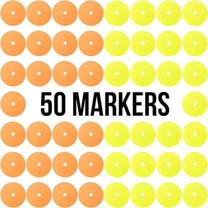 Crown Sporting Goods 6" Non-Skid Floor Spot Markers: Set of 50 Agility Training Flat Field Cones in Fluorescent Yellow & Orange with Metal Carrying Stand