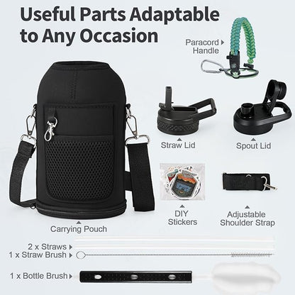 64 oz Insulated Water Bottle with Straw (Cold for 48 Hrs), Half Gallon Stainless Steel Triple Wall Vacuum Sports Water Jug, Leakproof Hydro Cup Flask with Straw Spout Lids & DIY Stickers