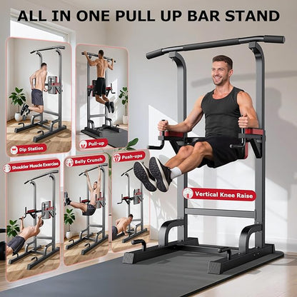 Power Tower Dip Station Pull Up Bar for Fitness Home Gym Workout,Multi-Function Adjustable Height Fitness Strength Training Exercise Equipment,with Power Elastic Ropes (Black S01)