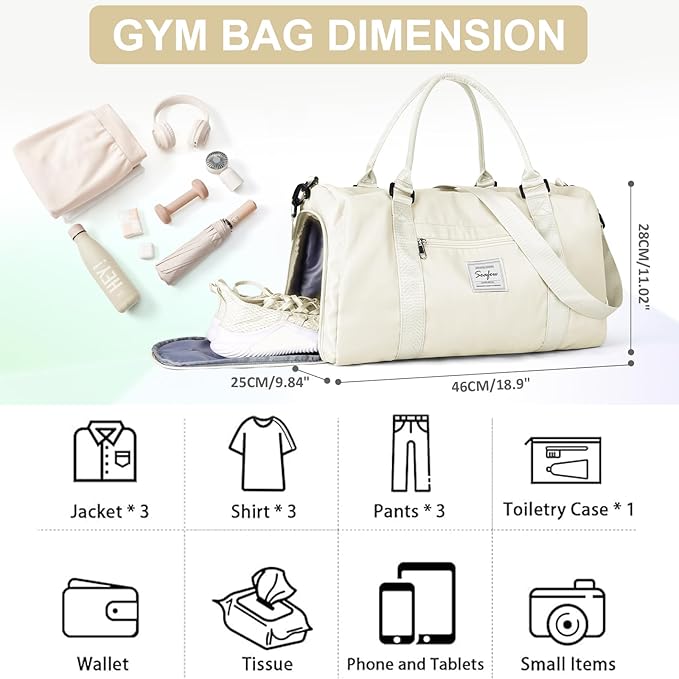 Gym Bag for Women Men with Shoes Compartment & toiletry bag,Sport Swimming Yoga Bag,Waterproof Travel Duffel Bag Small Carry on Bag Overnight Weekender Bags Personal Item Bag for Airlines Cream White