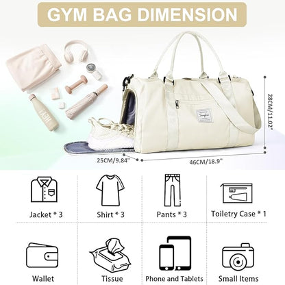 Gym Bag for Women Men with Shoes Compartment & toiletry bag,Sport Swimming Yoga Bag,Waterproof Travel Duffel Bag Small Carry on Bag Overnight Weekender Bags Personal Item Bag for Airlines Cream White