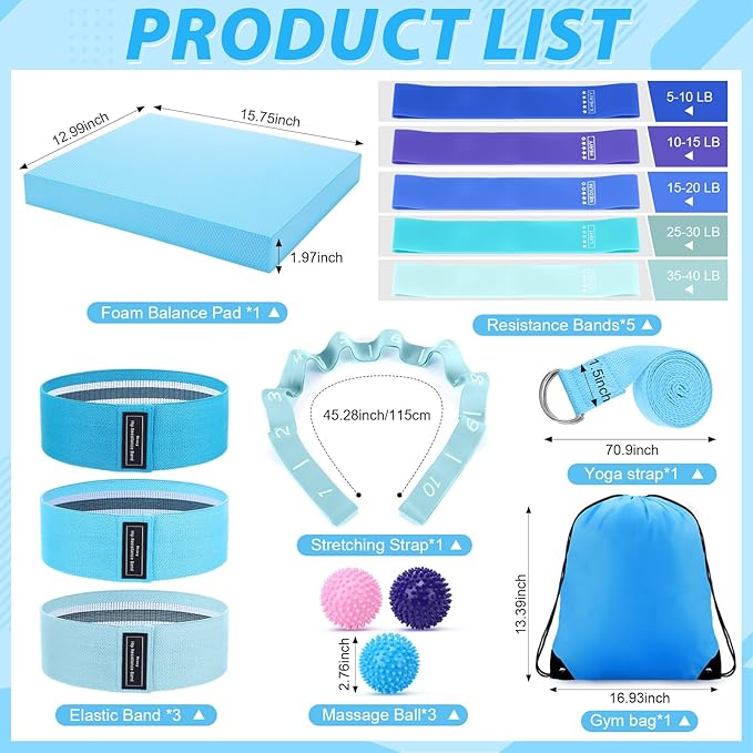16 Pcs Home Pilates Kit for Women Resistance Band, Stretching Band, Non Slip Socks, Yoga Fascia Balls, Stretch Belt in Sections, Balanced Cushions, Hip Belt and Drawstring Bag