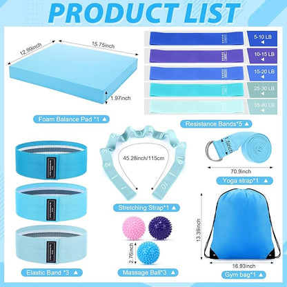16 Pcs Home Pilates Kit for Women Resistance Band, Stretching Band, Non Slip Socks, Yoga Fascia Balls, Stretch Belt in Sections, Balanced Cushions, Hip Belt and Drawstring Bag
