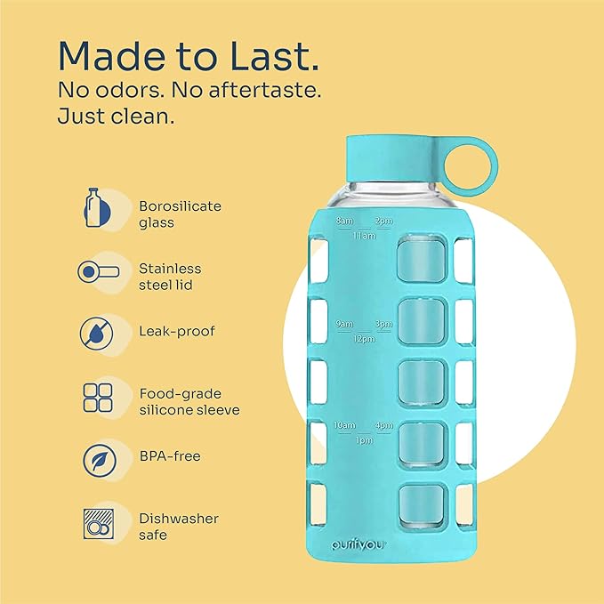 purifyou 40oz / 32oz / 22oz / 12oz Borosilicate Glass Water Bottle with Time & Volume Markers, Silicone Sleeve, Stainless Steel Lid | Reusable Glass Bottle for Water & Juice (22oz Aqua Blue)
